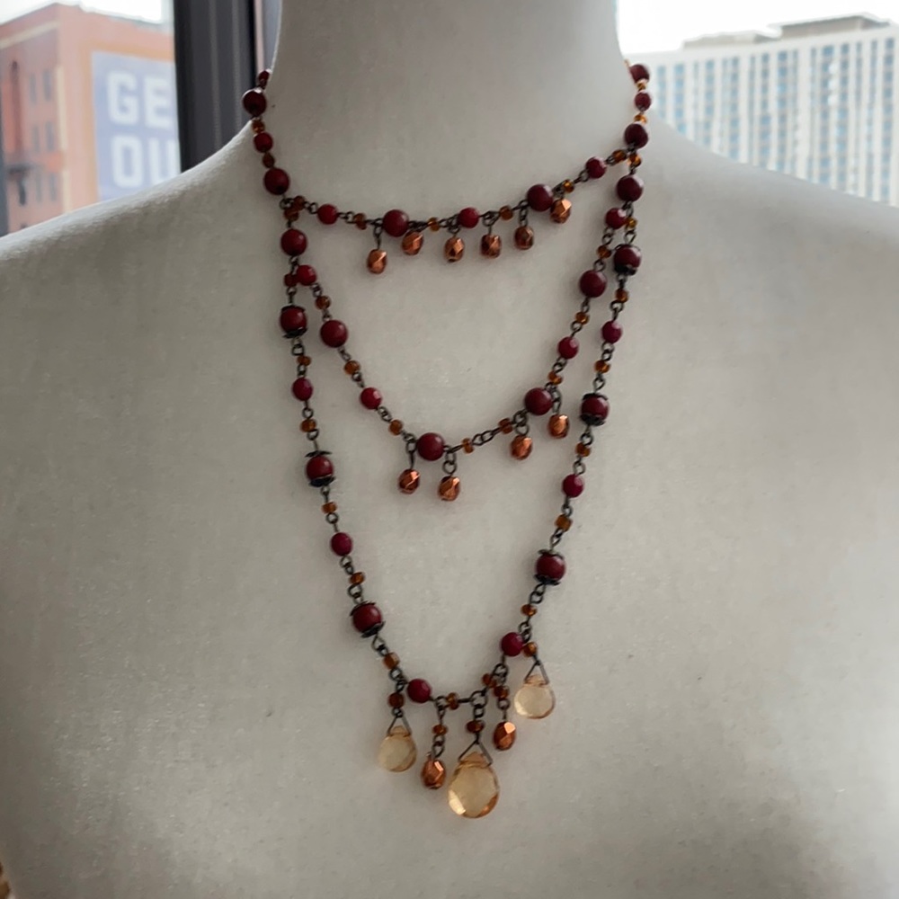 Red Tone Beaded Layered Necklce